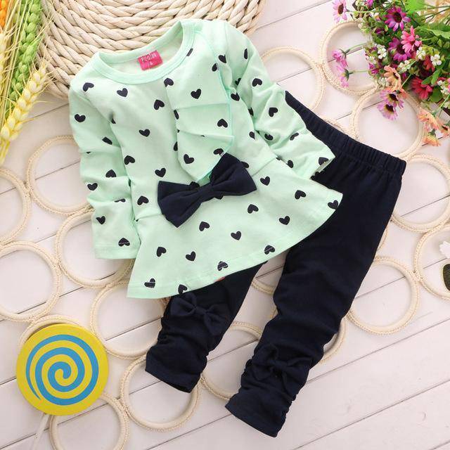 Full Sleeve Girls Spade Bowtie T Shirt Pants green