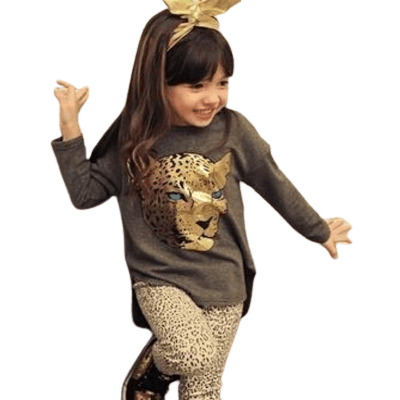 Full Girl Long Sleeve T Shirt Leopard Leggings Clothes Gray