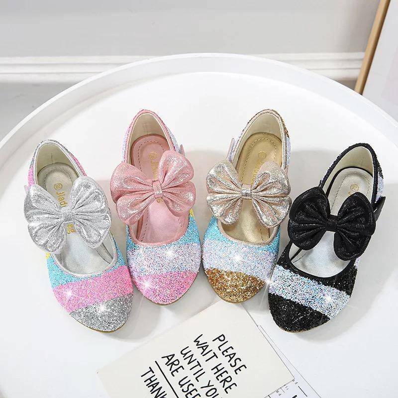 Girls Leather Round Toe Flat Heel Crystal Princess Shoes