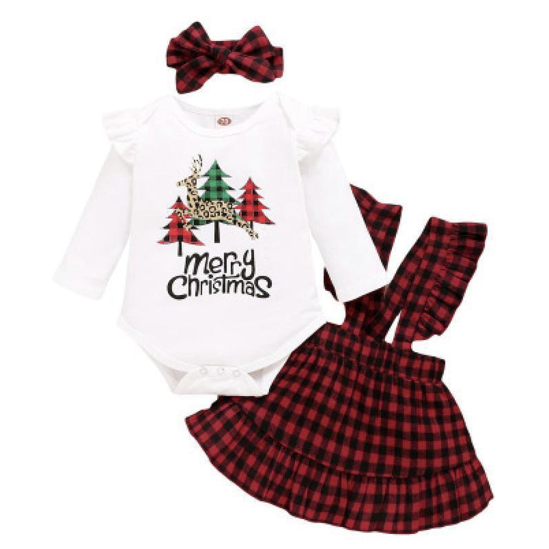 Toddler Girls Christmas Tree Print Top Plaid Sling Skirt Red