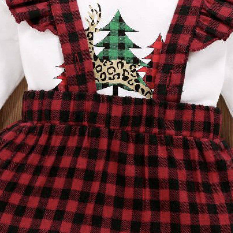 Toddler Girls Christmas Tree Print Top Plaid Sling Skirt