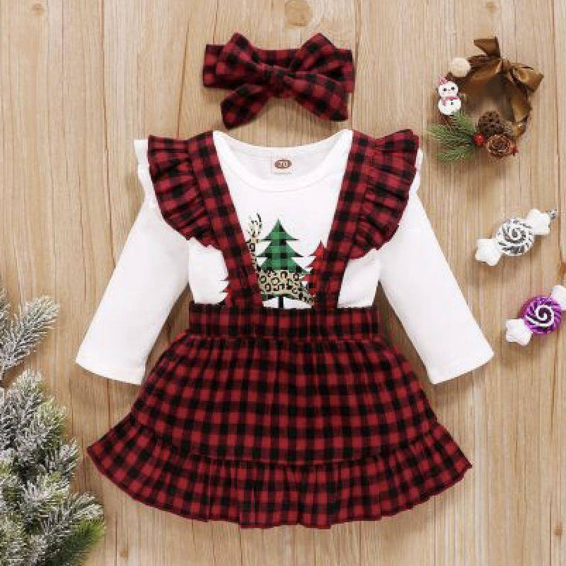 Toddler Girls Christmas Tree Print Top Plaid Sling Skirt