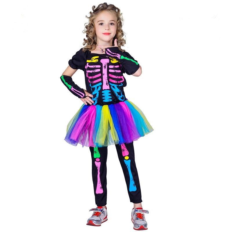 Girls Colorful Skeleton Party Dress Halloween Costume Multicolor