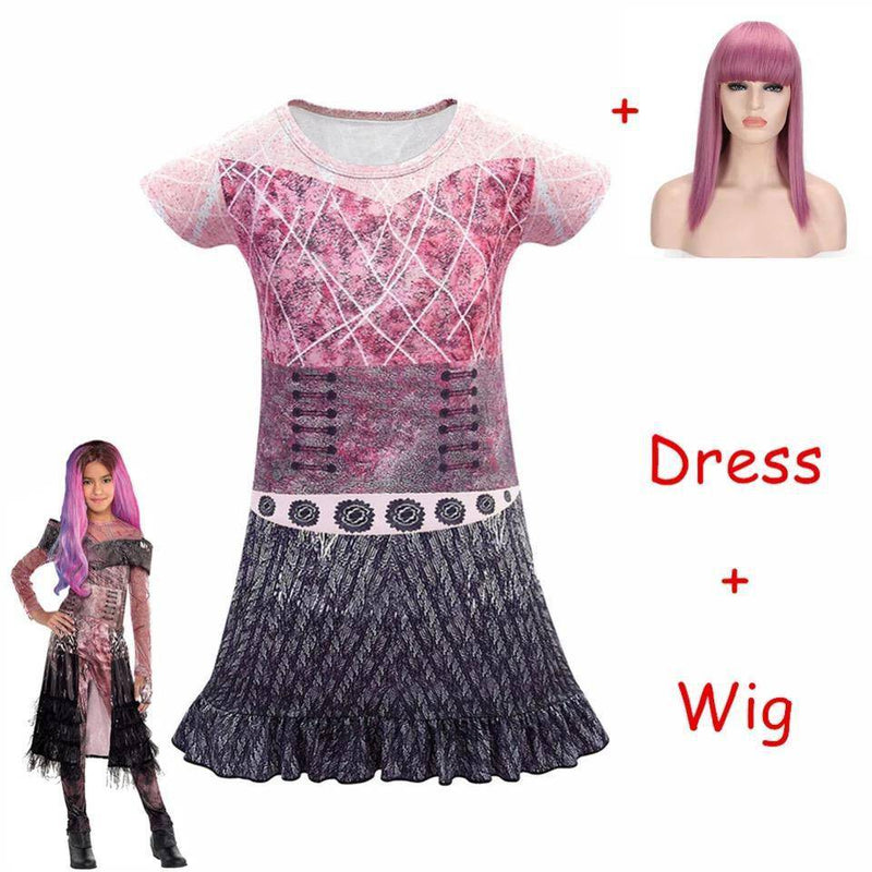 Teen Girls Descendants 3 Halloween Costume single dress & wig Pink