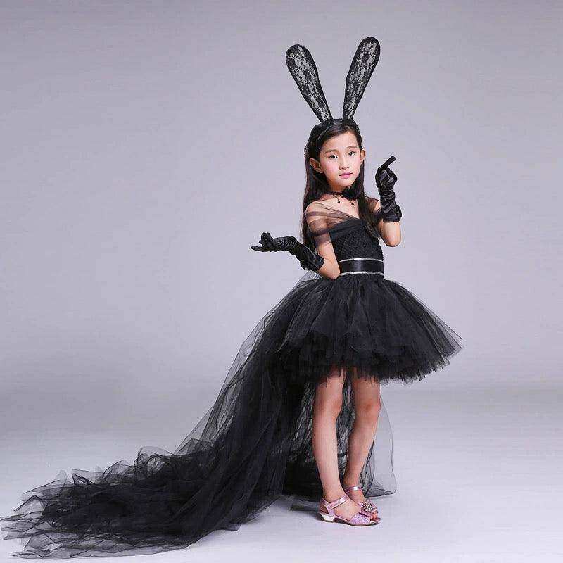 Girls Headband Party Train Tulle Dress With train tulle Black