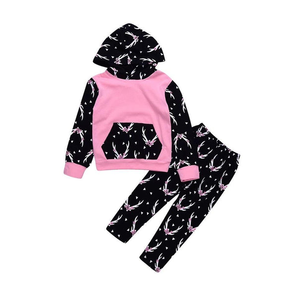 Girls Hoodie Reindeer Buckhorn Print Leggings Clothing Sets Pink