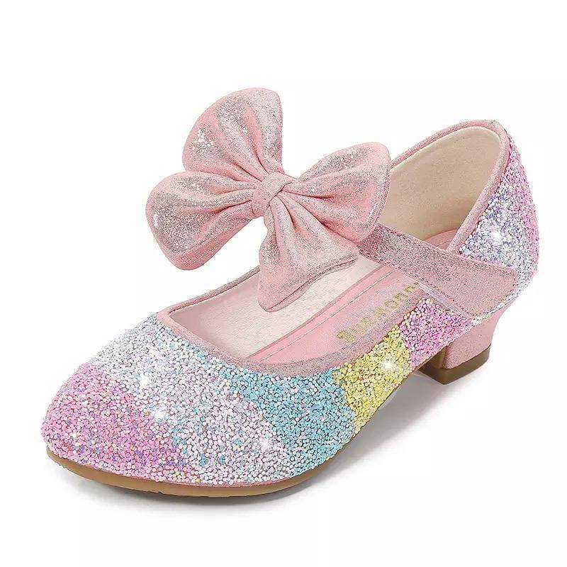 Girls Leather Round Toe Flat Heel Crystal Princess Shoes