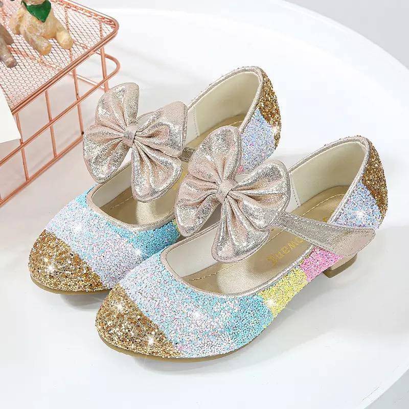 Girls Leather Round Toe Flat Heel Crystal Princess Shoes Gold