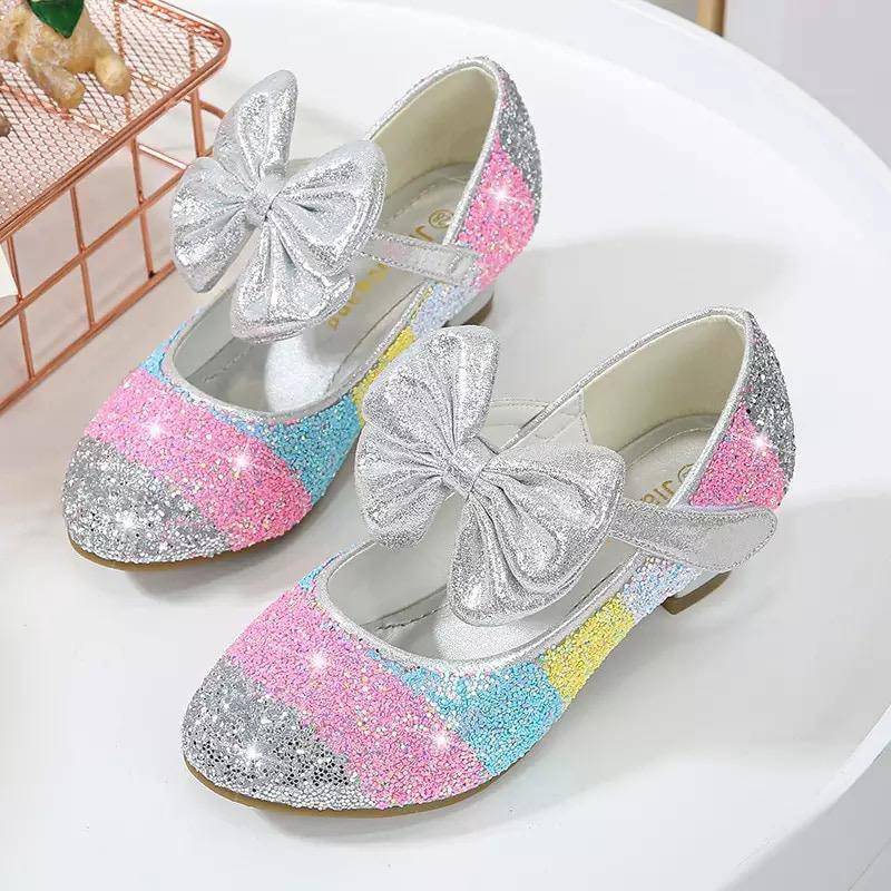 Girls Leather Round Toe Flat Heel Crystal Princess Shoes Argent Sliver