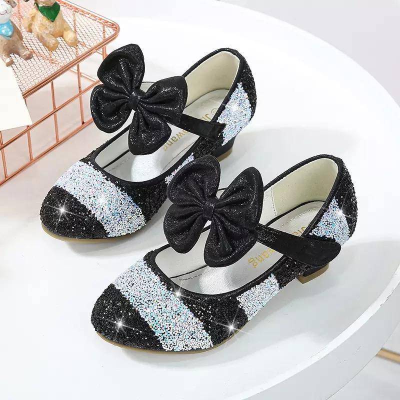 Girls Leather Round Toe Flat Heel Crystal Princess Shoes Black