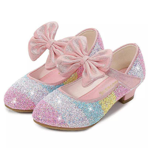 Girls Leather Round Toe Flat Heel Crystal Princess Shoes Pink