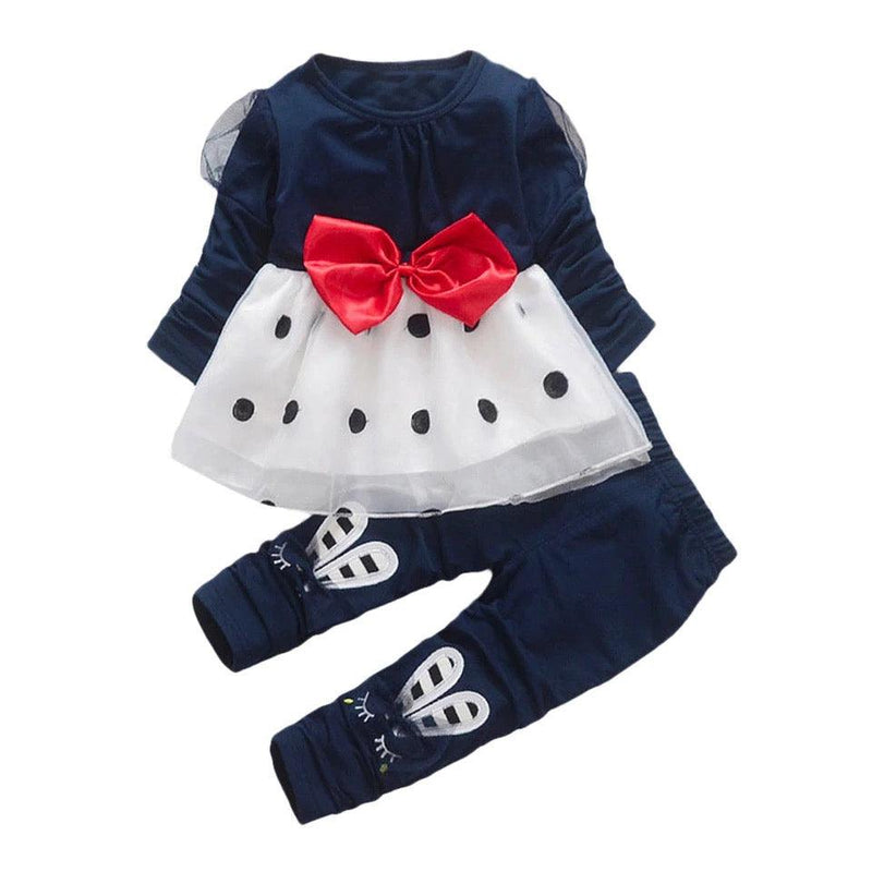 Girls Tops Bowknot Rabbit Panda Pants Outfit Navy blue