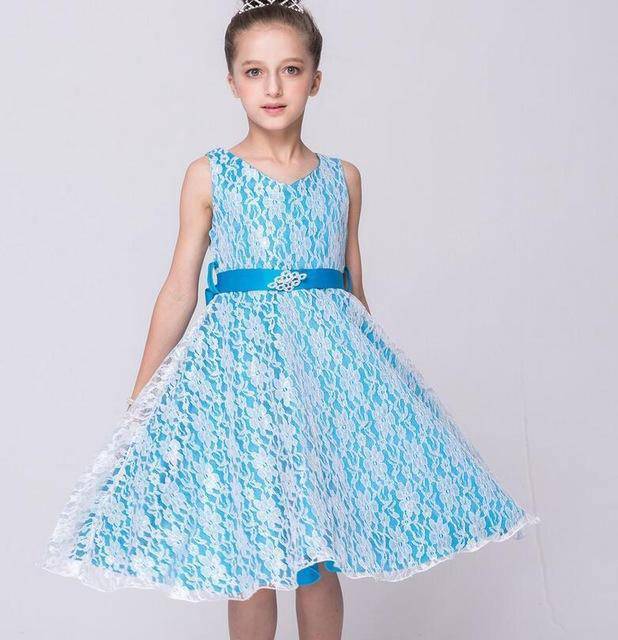 Girls Tulle Lace Birthday Party Frock Dress sky blue