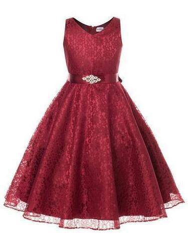 Girls Tulle Lace Birthday Party Frock Dress Wine Red