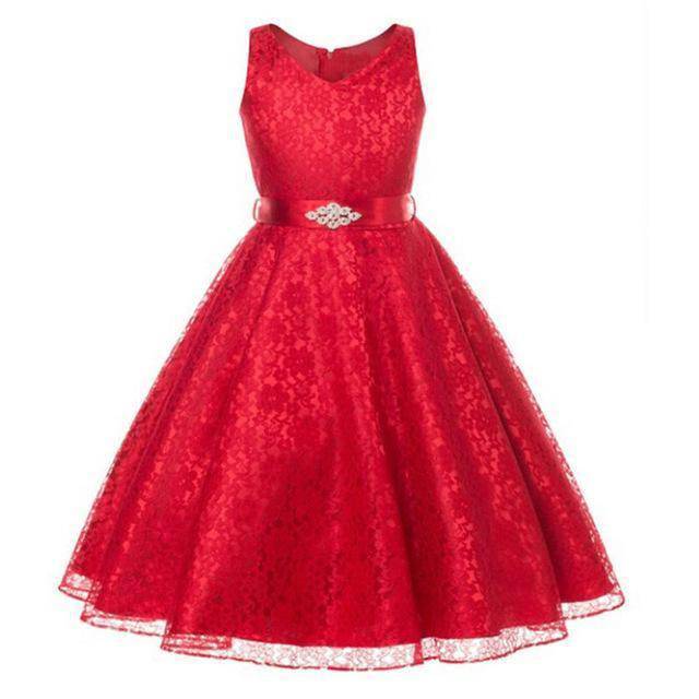 Girls Tulle Lace Birthday Party Frock Dress Red