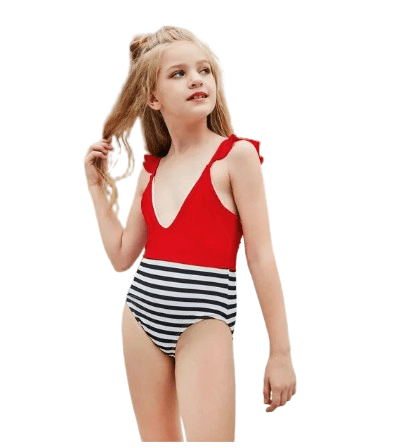 Girls One Piece Beachwear Swimsuit with Ruffles Red Stripe Black
