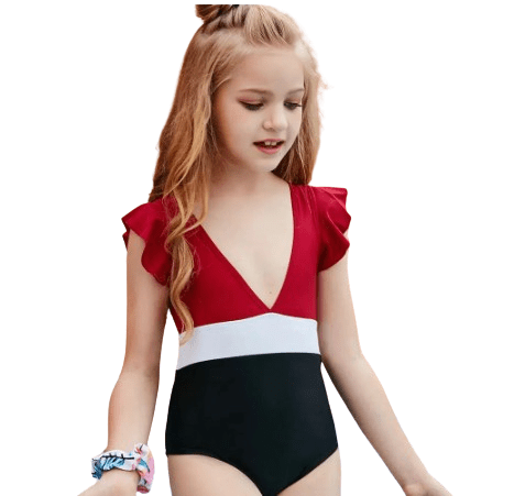 Girls One Piece Beachwear Swimsuit with Ruffles Red Black
