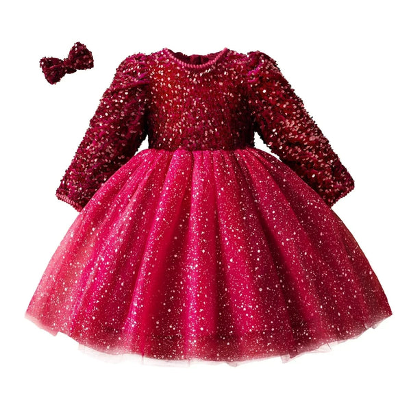 Girls Sequin Birthday Party Casual Dress Red