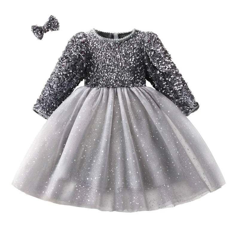 Girls Sequin Birthday Party Casual Dress Grey