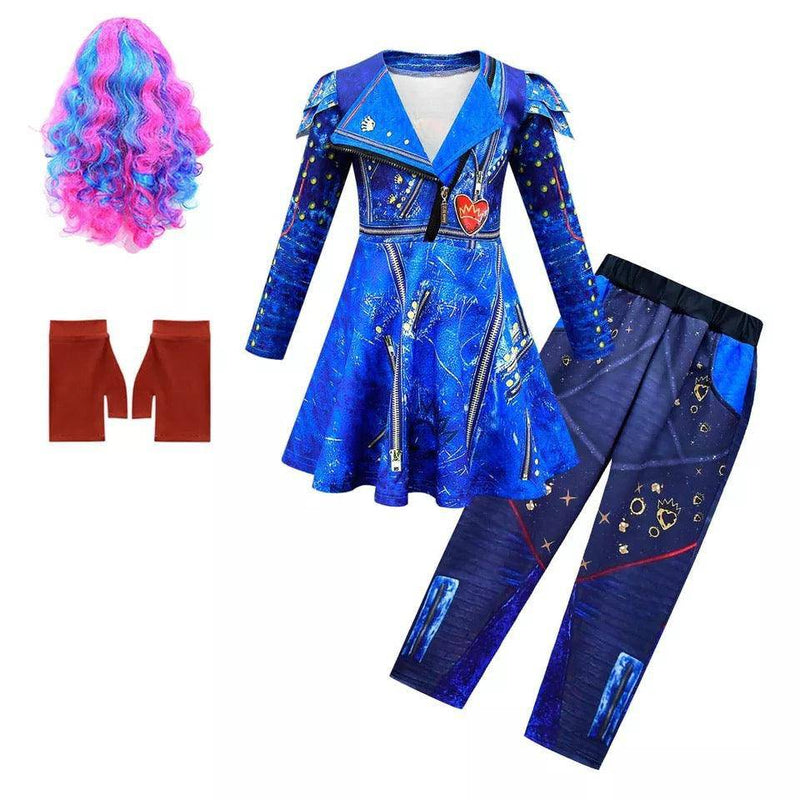 Halloween Descendant 3 Evie Mal Cosplay Costume Blue with mix color wig