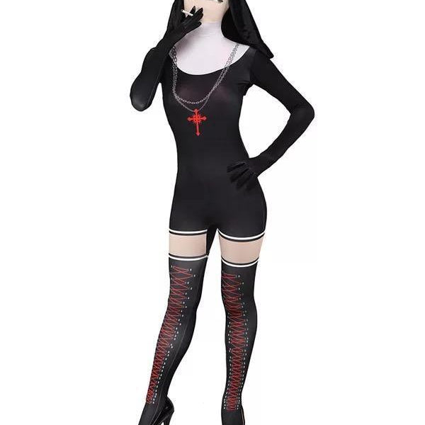 Halloween Nun Religious Bodysuit Women Costume