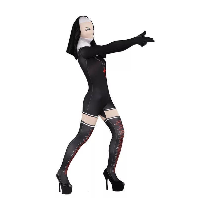 Halloween Nun Religious Bodysuit Women Costume