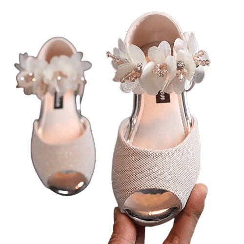 Girls Flower Rhinestone Low Heel Shoes Beige