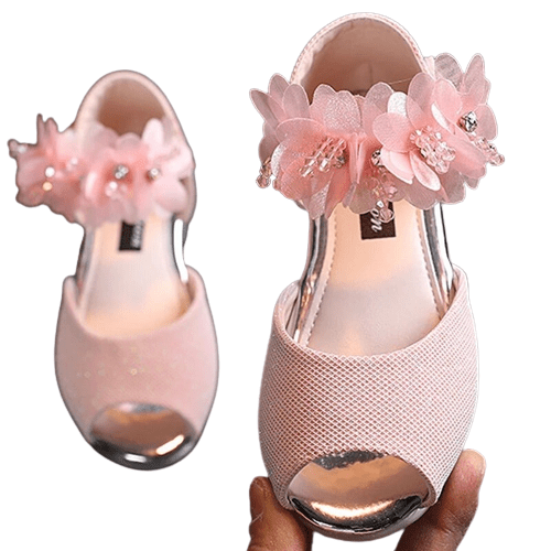 Girls Flower Rhinestone Low Heel Shoes Pink