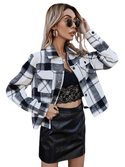 Women Plaid Pocket Jacket Lapel Collar Shirt Black White