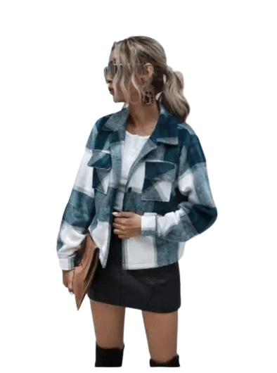Women Plaid Pocket Jacket Lapel Collar Shirt Green White