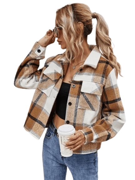 Women Plaid Pocket Jacket Lapel Collar Shirt Apricot