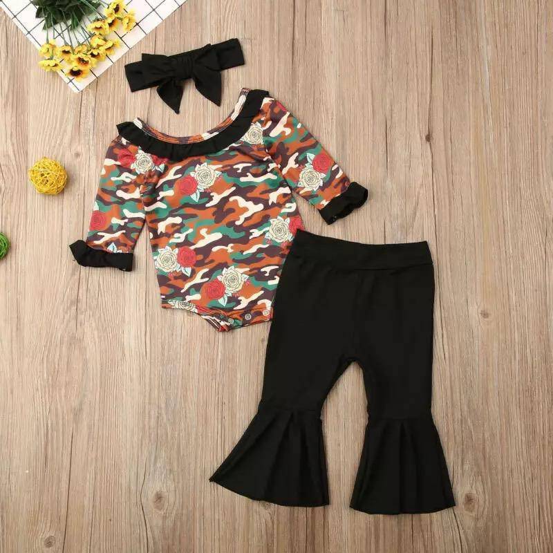 Toddler Baby Girl Camouflage Bell Bottom Headband Outfit