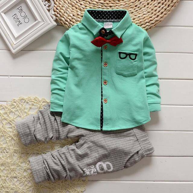 Kid Boys Sport suits Bowtie Shirt Pants Outfit Green