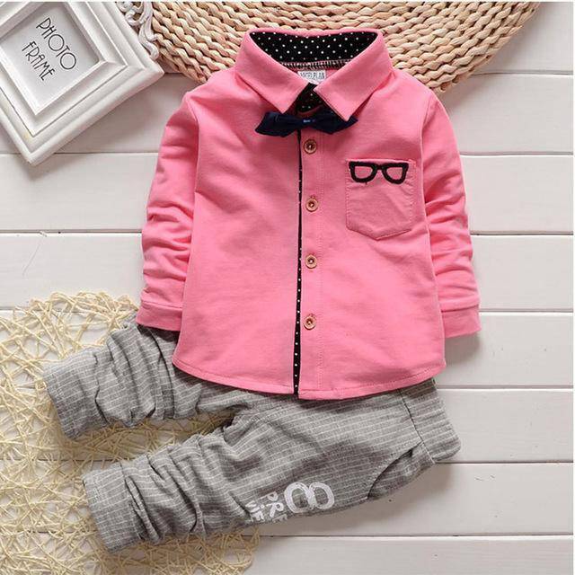 Kid Boys Sport suits Bowtie Shirt Pants Outfit Pink