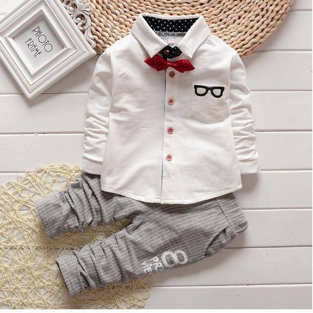 Kid Boys Sport suits Bowtie Shirt Pants Outfit White