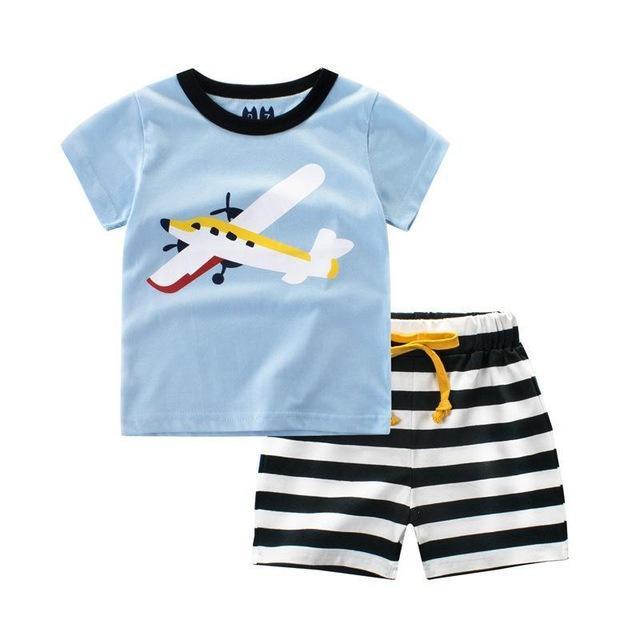 Kid Boys Summer Car Plane Bus T Shirt Shorts Clothes Sky Blue