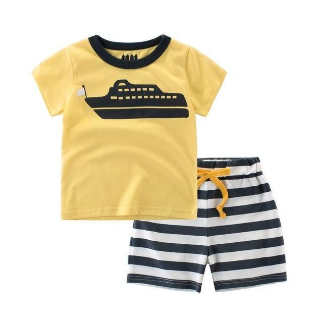 Kid Boys Summer Car Plane Bus T Shirt Shorts Clothes Gold