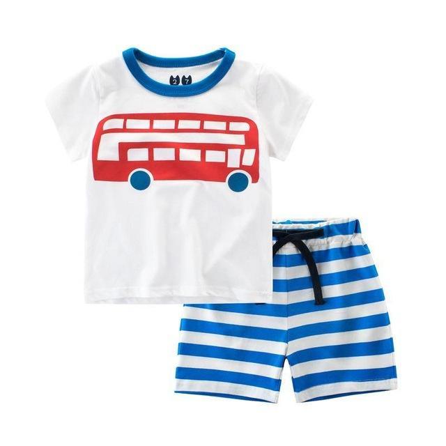 Kid Boys Summer Car Plane Bus T Shirt Shorts Clothes White