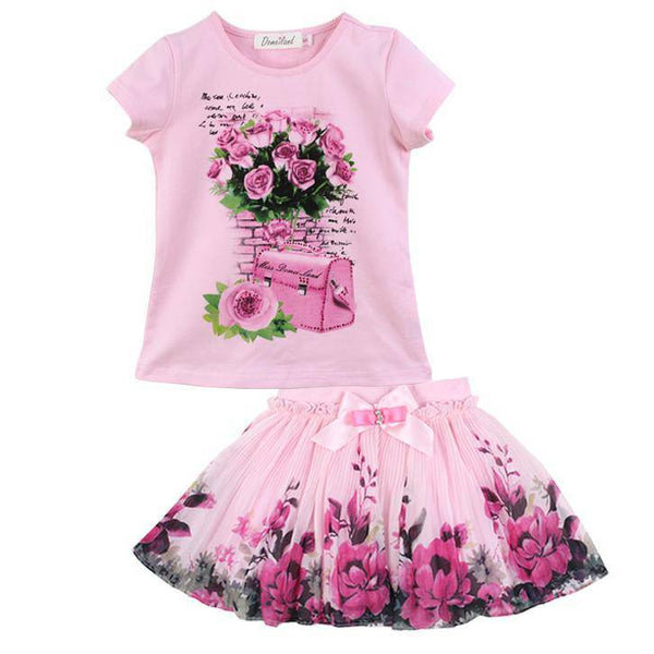 Kid Girl Floral Short Sleeve Bag Flower Skirt pink