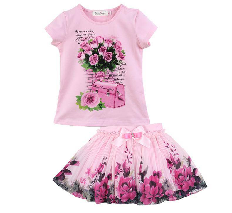 Kid Girl Floral Short Sleeve Bag Flower Skirt pink