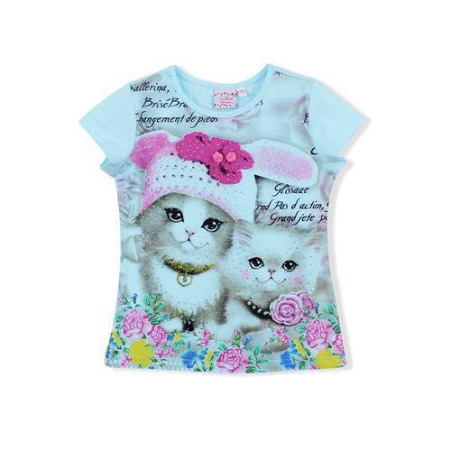 Summer Kid Girls Cartoon Cutie Cats Short Sleeve Tops Tees blue