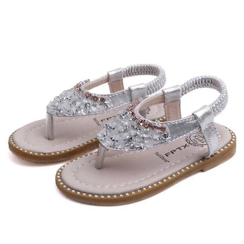Kid Girls Flip Flop Crystal Sandals Shoes Silver
