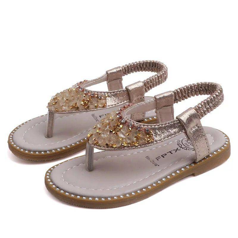 Kid Girls Flip Flop Crystal Sandals Shoes Gold