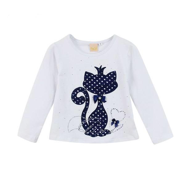 Kid Girls Print Rhinestone Cat Bow Shirt white