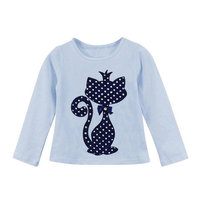 Kid Girls Print Rhinestone Cat Bow Shirt gray