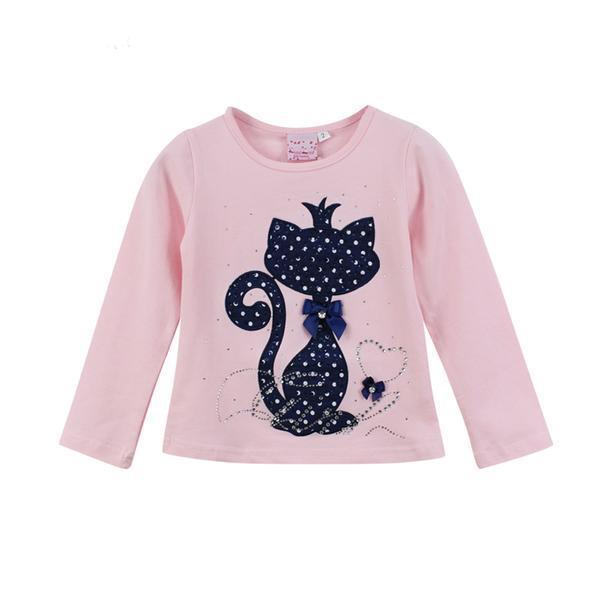 Kid Girls Print Rhinestone Cat Bow Shirt pink
