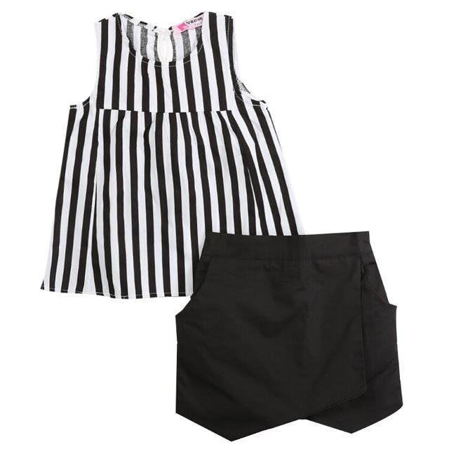 Kid Girls Tracksuit Vest T Shirt Shorts Striped Clothes Black
