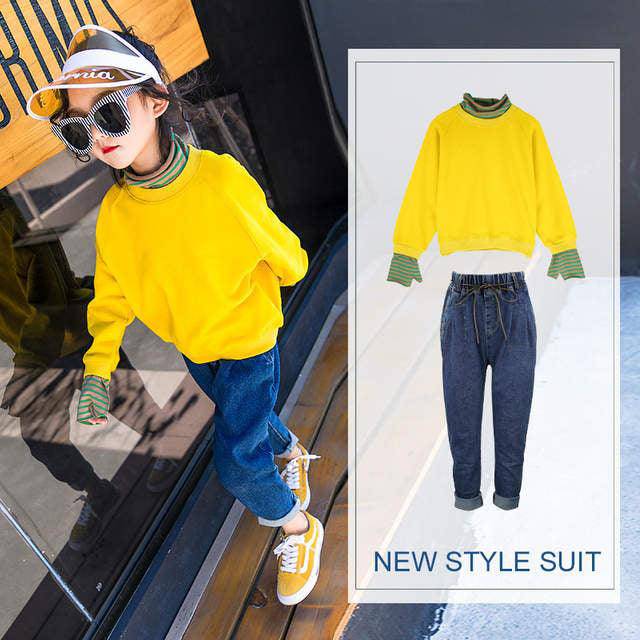 Kid Girls Turtleneck Shirts & Jeans Clothes Yellow
