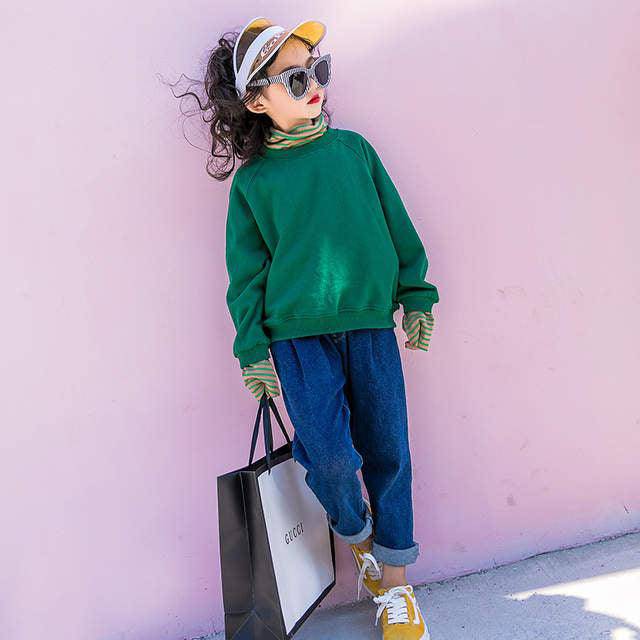 Kid Girls Turtleneck Shirts & Jeans Clothes Green