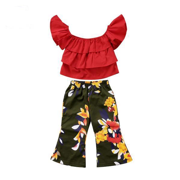 Kids Girls Off Shoulder Tops Floral Pants Red